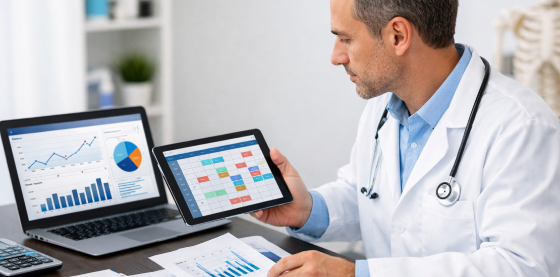 Médico analisando agenda clínica e indicadores financeiros em consultório