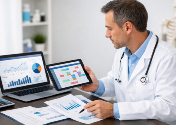 Médico analisando agenda clínica e indicadores financeiros em consultório