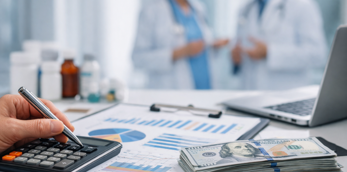 Análise financeira em clínica médica com calculadora, relatórios de desempenho e equipe médica ao fundo representando avaliação de margem por procedimento e rentabilidade assistencial
