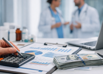 Análise financeira em clínica médica com calculadora, relatórios de desempenho e equipe médica ao fundo representando avaliação de margem por procedimento e rentabilidade assistencial