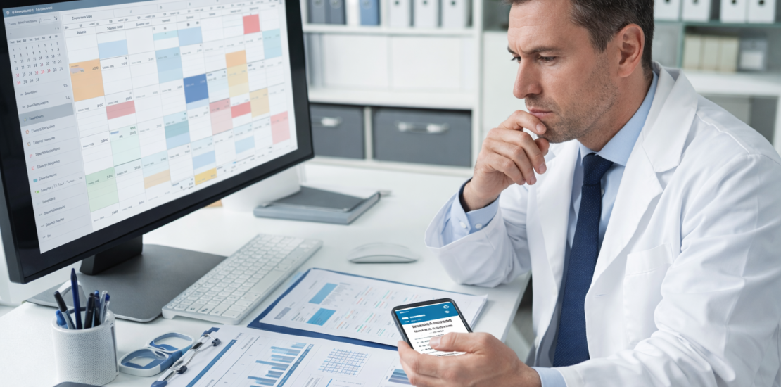 médico avaliando agenda de pacientes e fluxo financeiro da clínica para análise de rentabilidade de convênios