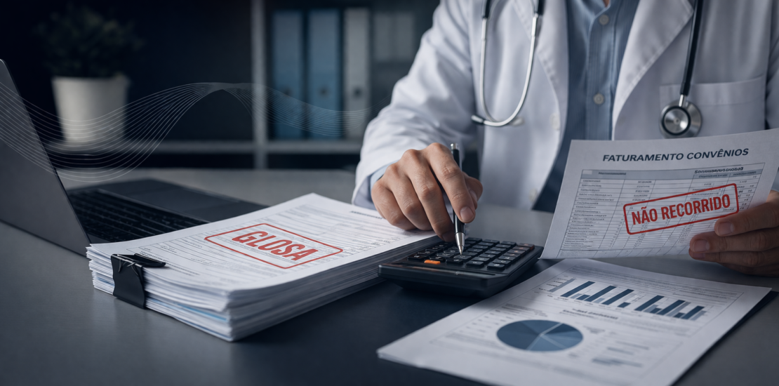 Profissional analisando relatórios de faturamento médico e glosas não recorridas em clínica que atende convênios