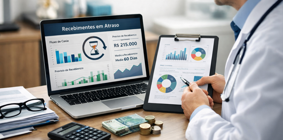 Administrador de clínica analisando relatórios financeiros relacionados ao prazo médio de recebimento e fluxo de caixa em ambiente médico profissional