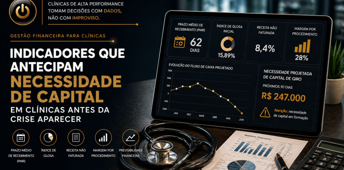 Indicadores financeiros que antecipam necessidade de capital de giro em clínicas médicas antes da crise de caixa, com destaque para PMR, índice de glosa, receita não faturada e margem por procedimento.