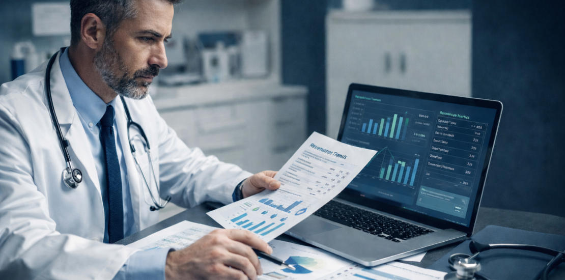 Médico analisando indicadores financeiros e relatórios de desempenho em clínica com gráficos e dados operacionais