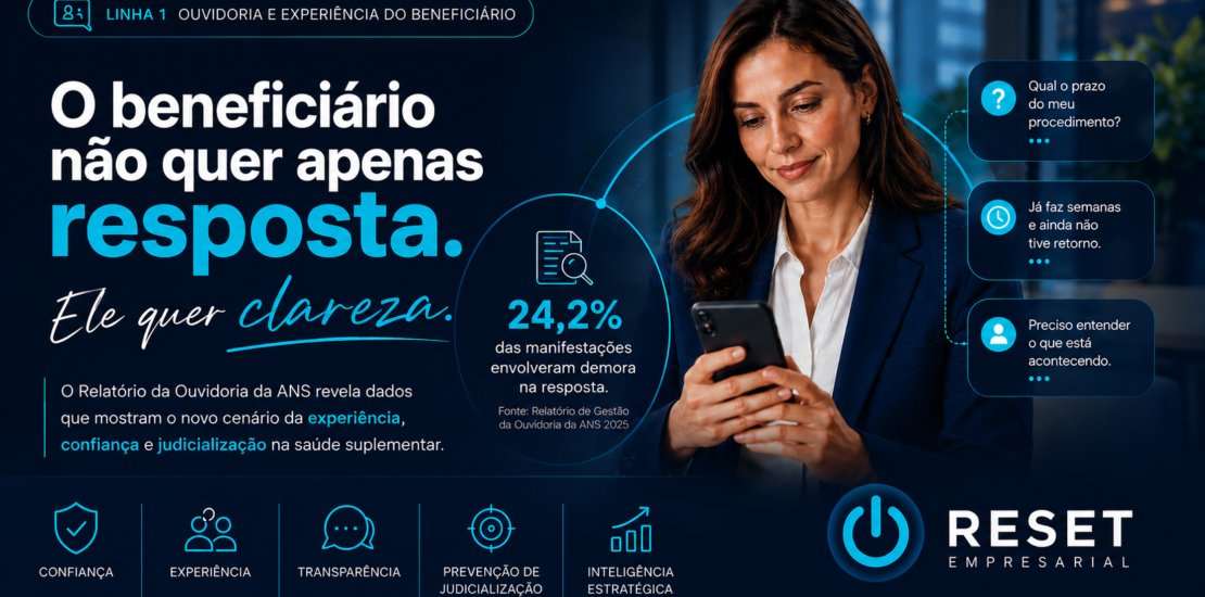 Executiva analisando experiência do beneficiário em operadoras de saúde com destaque para dados da Ouvidoria da ANS sobre clareza, confiança e tempo de resposta.