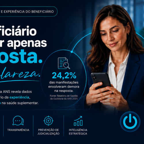 Executiva analisando experiência do beneficiário em operadoras de saúde com destaque para dados da Ouvidoria da ANS sobre clareza, confiança e tempo de resposta.