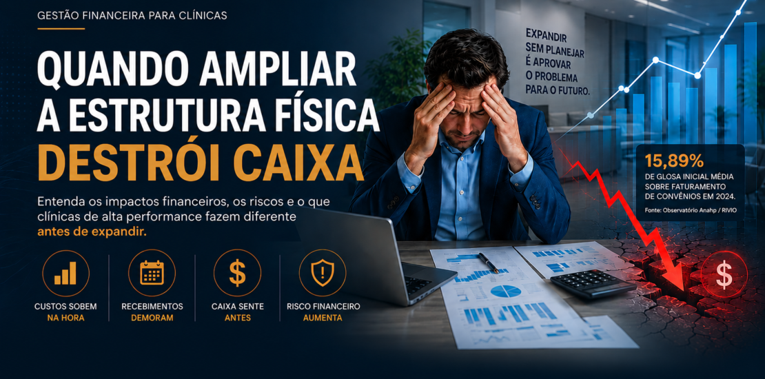 Gestor de clínica preocupado analisando relatórios financeiros enquanto gráficos representam os riscos da ampliação da estrutura física sem planejamento financeiro em clínicas médicas.