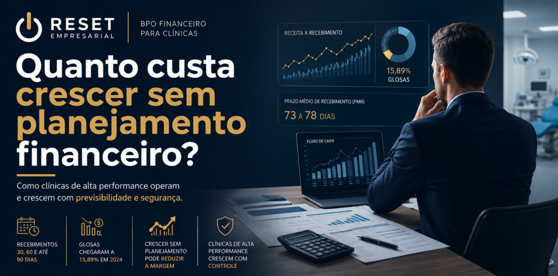 “Gestor analisando indicadores financeiros e crescimento de clínica médica com foco em planejamento financeiro e previsibilidade de caixa”