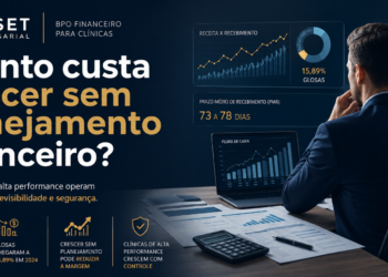 “Gestor analisando indicadores financeiros e crescimento de clínica médica com foco em planejamento financeiro e previsibilidade de caixa”