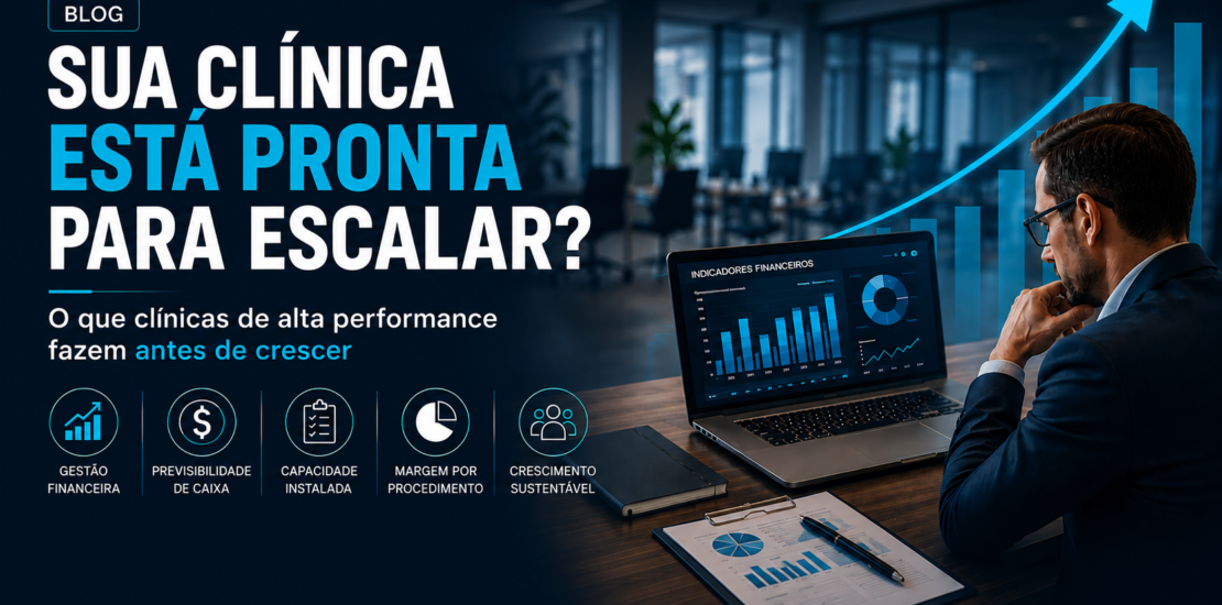 Consultor analisando indicadores financeiros e crescimento estratégico de clínica médica em ambiente corporativo