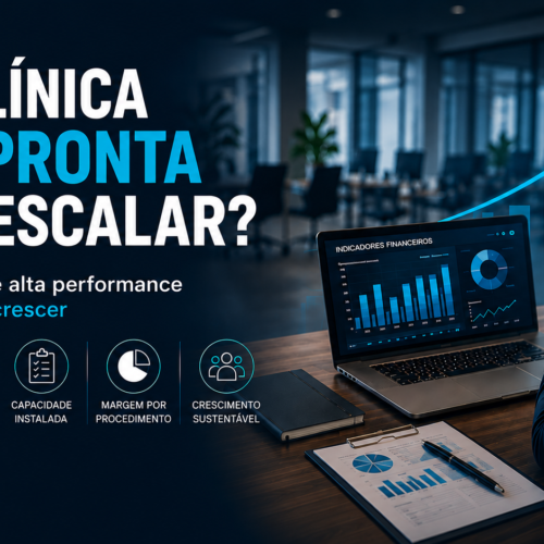 Consultor analisando indicadores financeiros e crescimento estratégico de clínica médica em ambiente corporativo